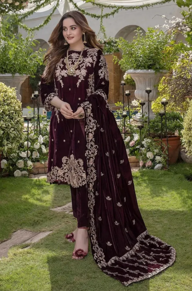 Arsheen Fashion look: deep plum formal gown with embroidery